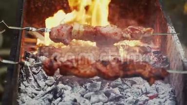 在烤架特写上做<strong>烤串</strong>。 篝火，<strong>烤串</strong>上的肉.. 野餐。 美味的食物。 慢动作